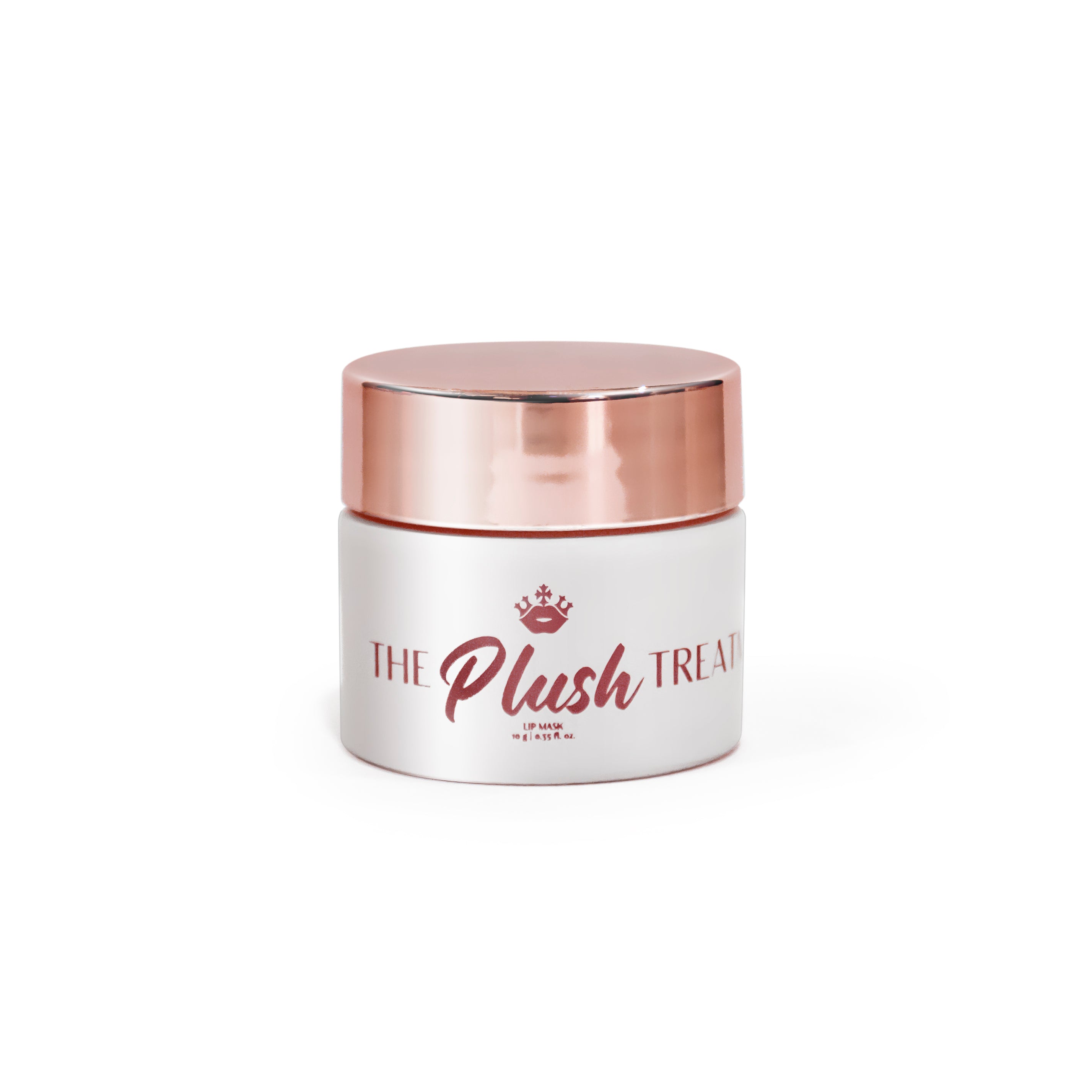 A matte white jar with a rose gold lid, it says The Plush Treatment and has a cute logo of lips with a crown on top of the lips. 